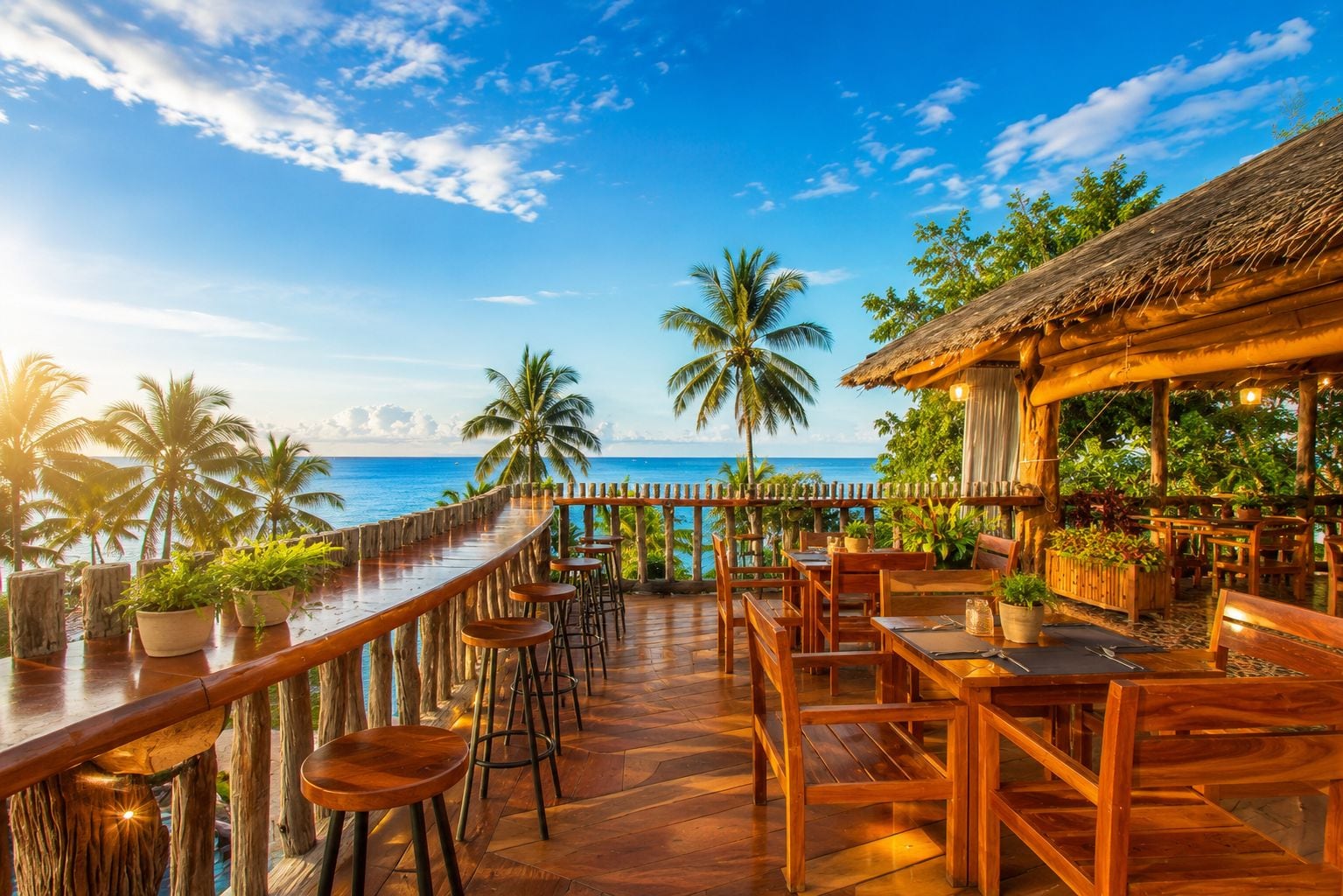 Een houten terras met een bar aan de overkant van een strand, omgeven door palmbomen en een constructie met rieten dak.