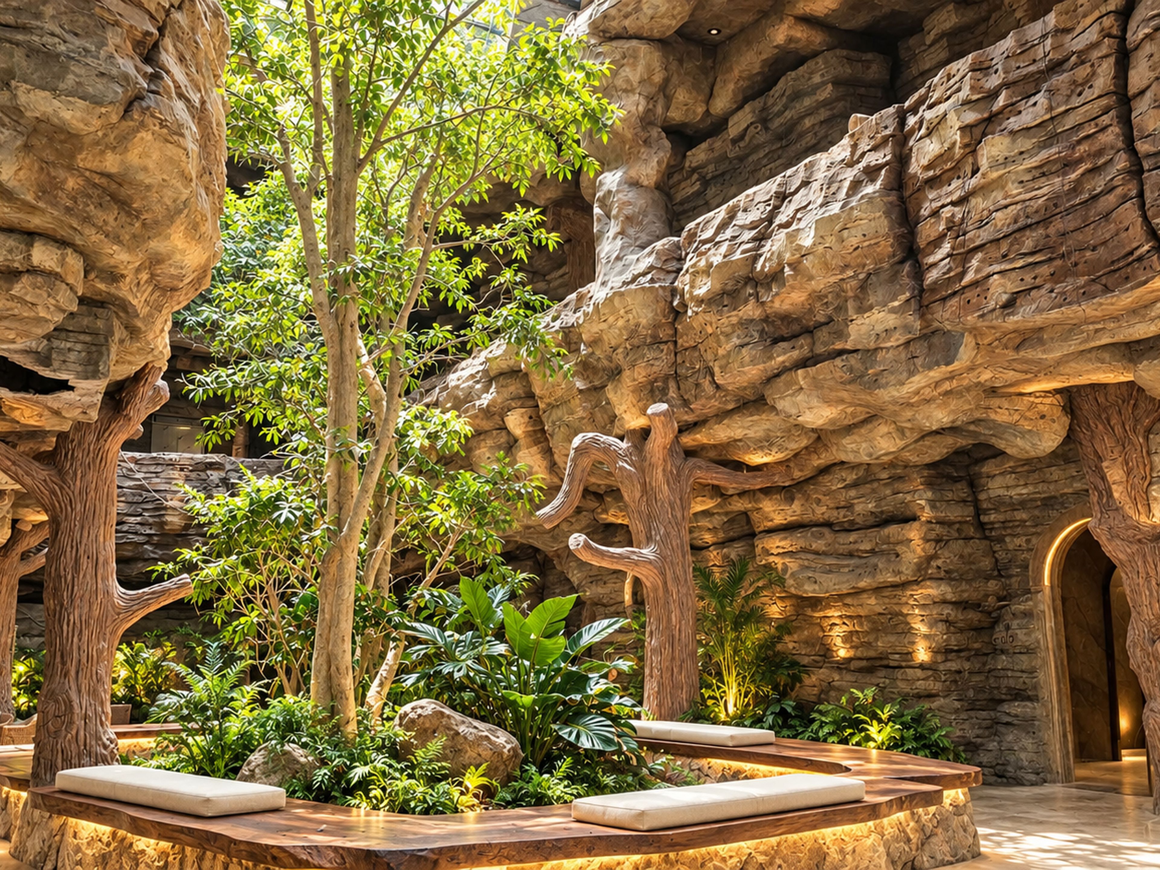 A rock garden with artificial trees and plants, a wooden bench, and a stone wall.