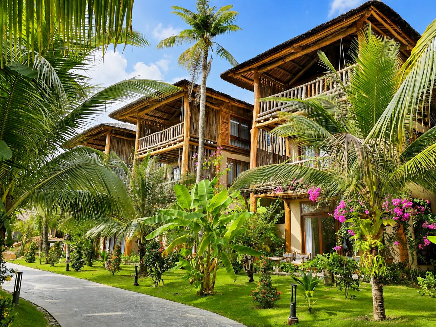 Ein Resort mit mehreren Holzhäusern, einem gepflasterten Weg und üppiger tropischer Vegetation.
