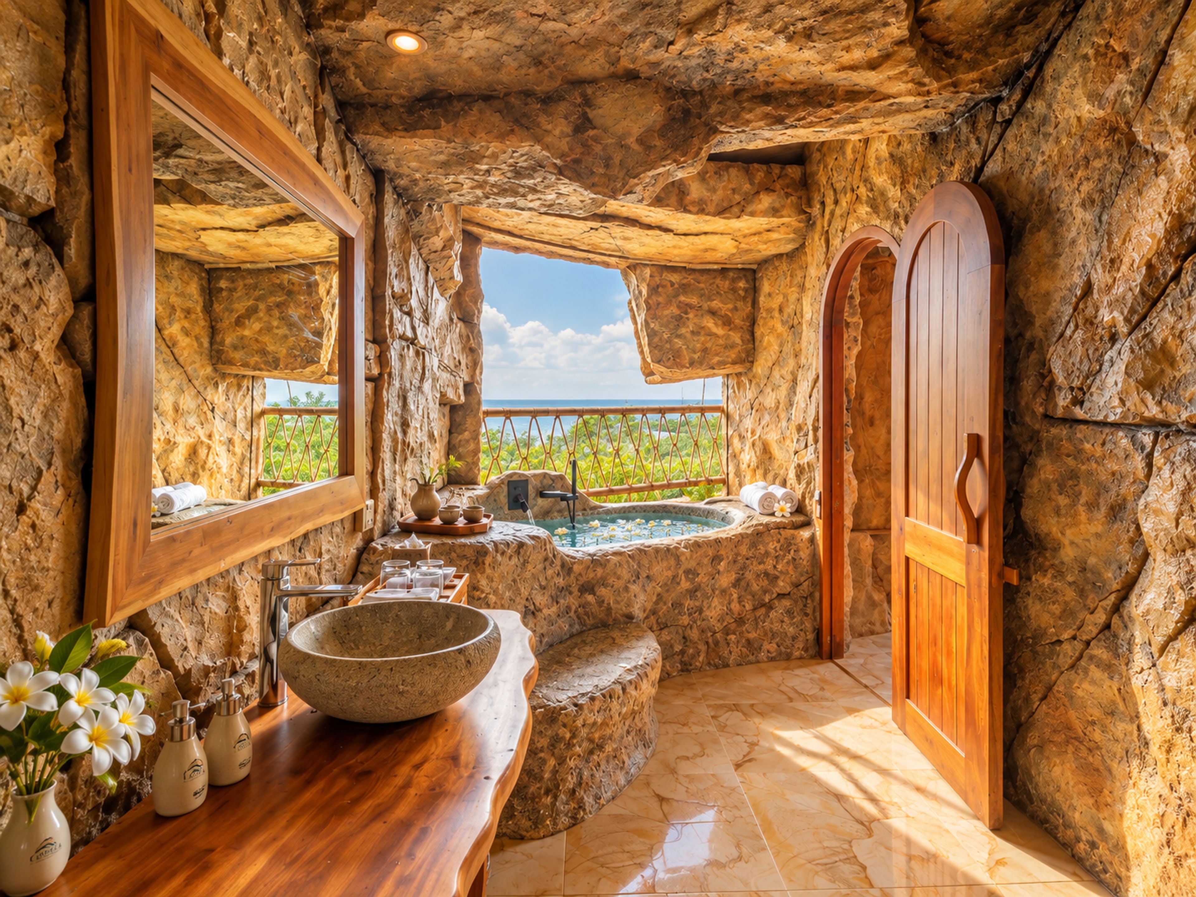A bathroom with a stone wall, a wooden vanity, a large mirror, a bathtub, and a view of the ocean.