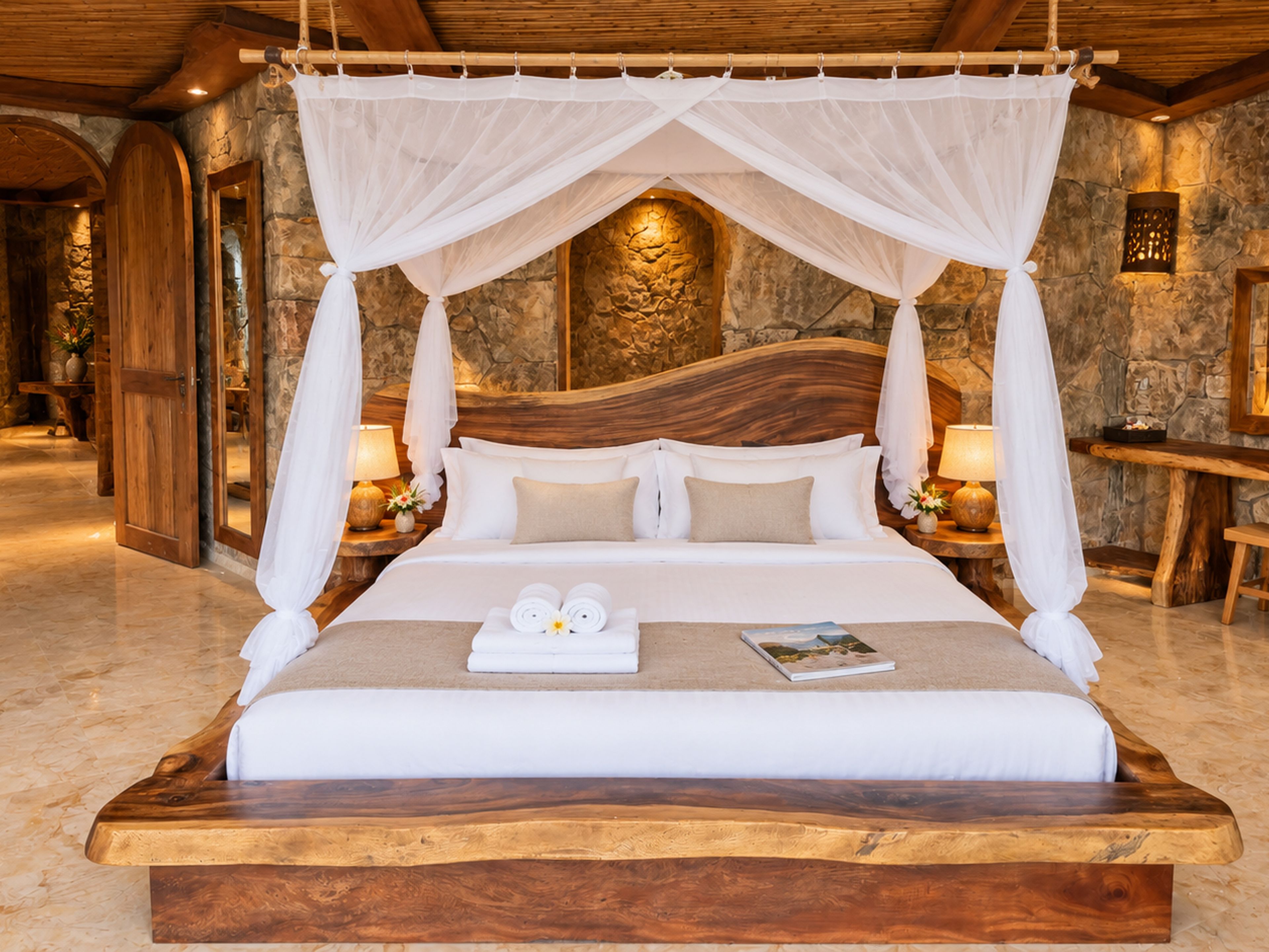 A large bed with a wooden headboard, white bedding, and a canopy. There are two bedside tables with lamps.