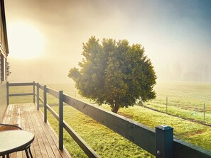 A wooden deck with a table, a tree, and a view of a field.