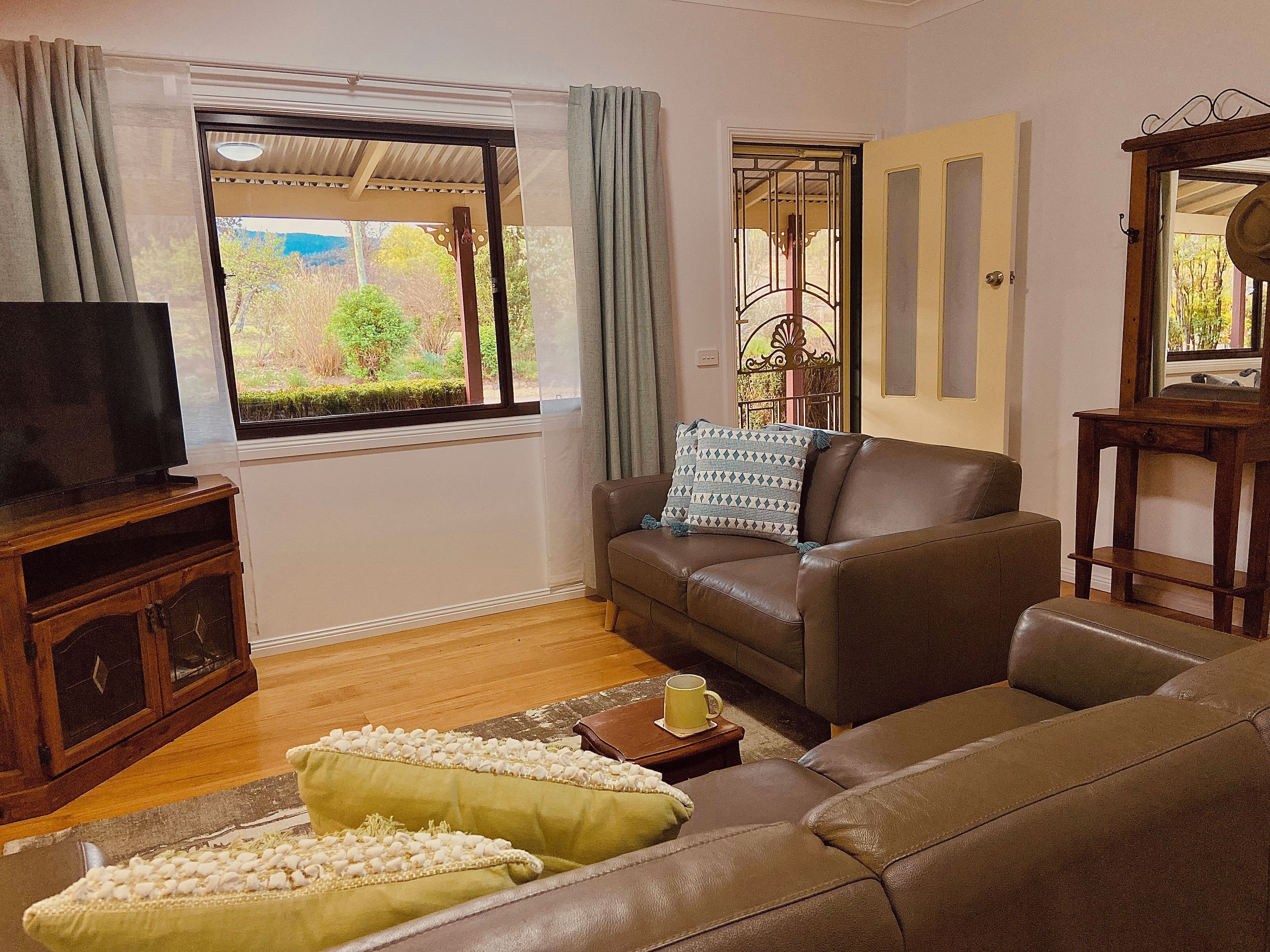 A living room with a brown sofa, a television on a wooden stand, a window with curtains, and a view of greenery outside.