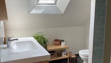 Et moderne badeværelse med ovenlys, en håndvask, toilet og et lille bord med en plante.