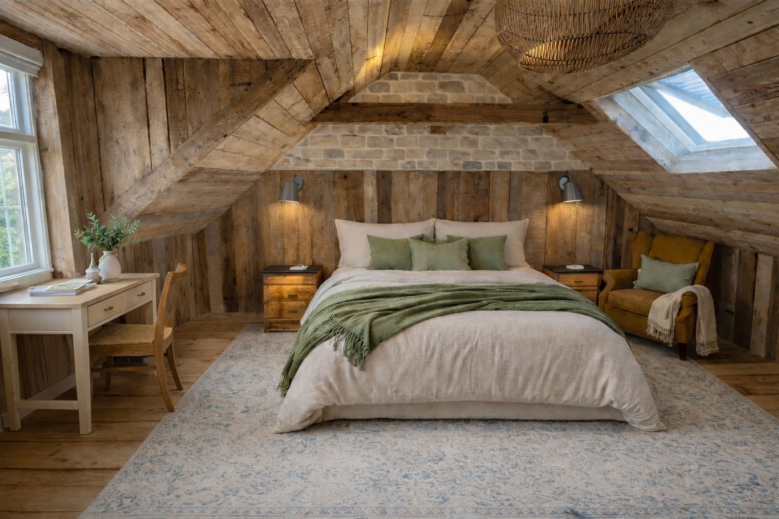 A cozy attic bedroom with a sloped ceiling, a bed with green bedding, a desk with a chair, and a window.