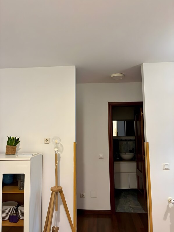 A room with a tripod, a potted plant, and a cabinet with dishes.