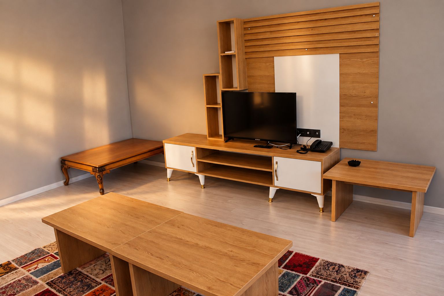A modern living room with a flat-screen TV, wooden furniture, and a patterned rug.