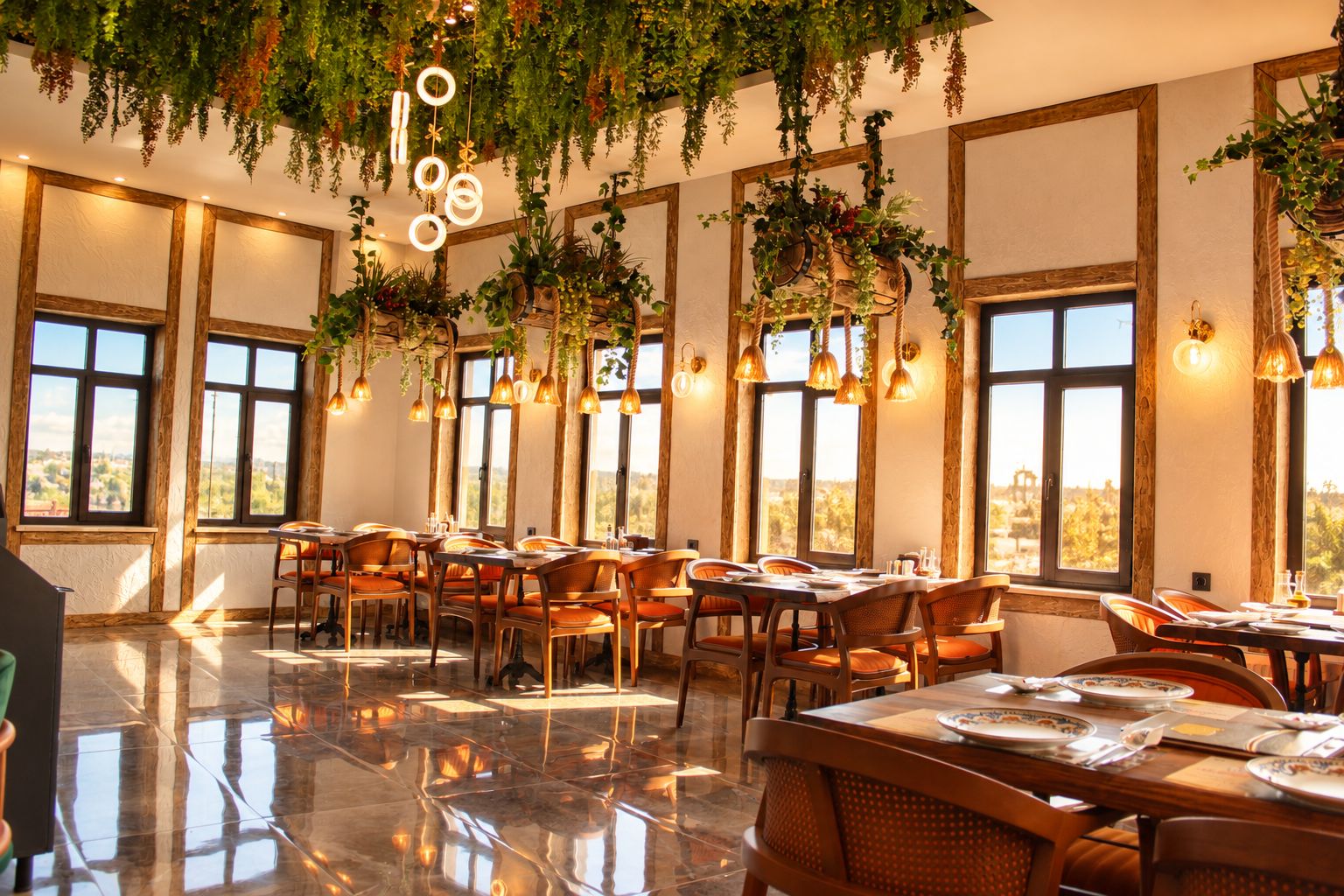 A restaurant with multiple tables and chairs, large windows, hanging plants, and pendant lighting.