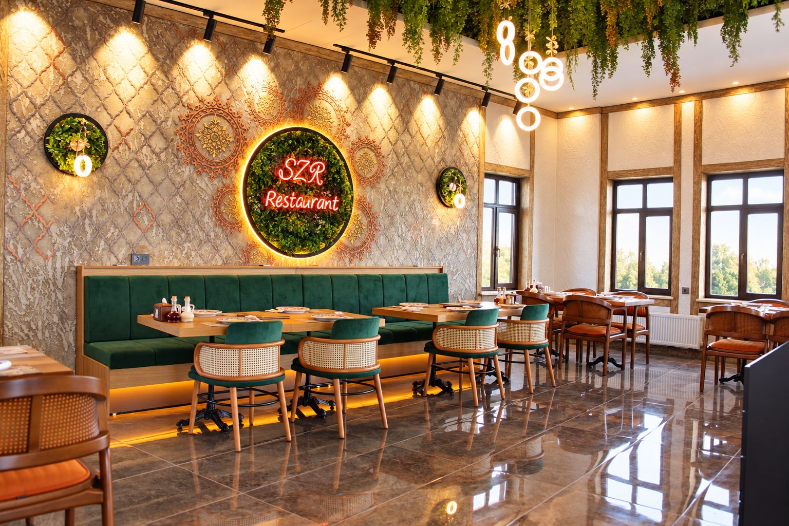 Interior de restaurante con área de asientos en cabina verde, mesas de madera, sillas de mimbre y un letrero de neón.