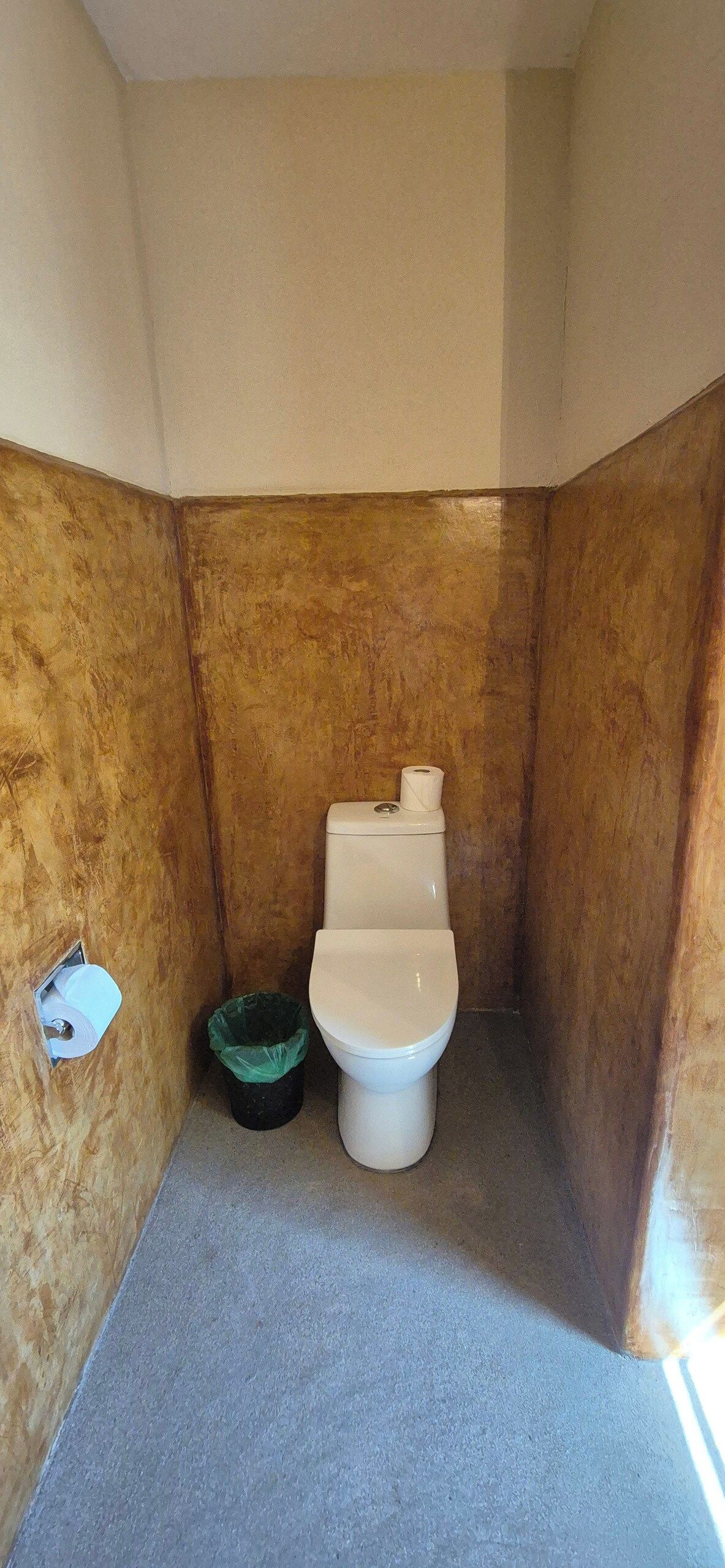 A small, enclosed bathroom with a toilet, a green trash bin, and a roll of toilet paper on the wall.