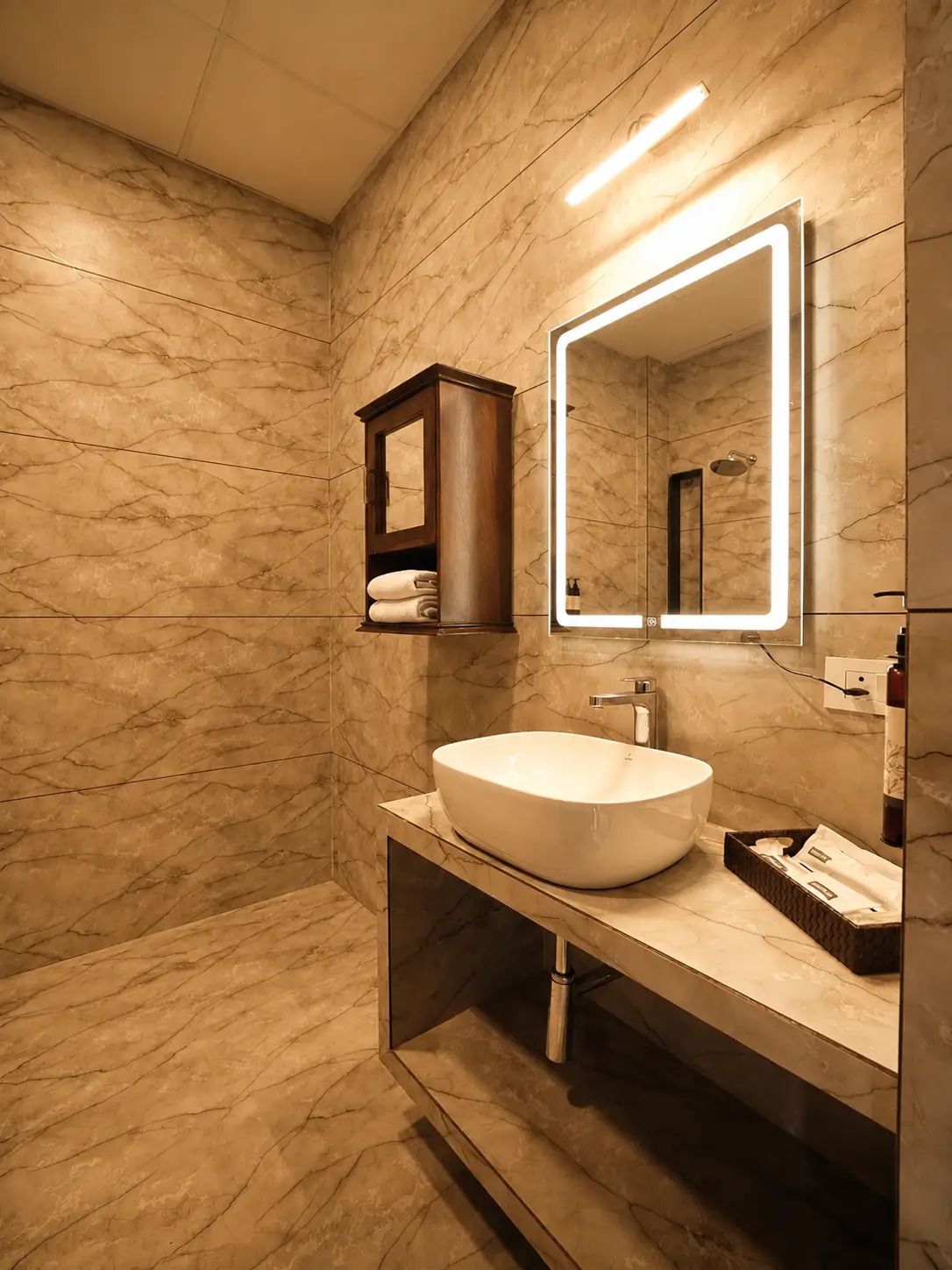 A modern bathroom with a large mirror, a built-in sink, and a towel rack.