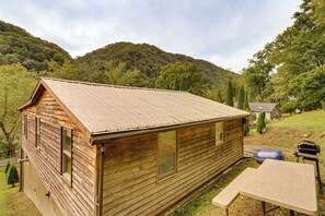 A wooden cabin with a metal roof, a picnic table, and a barbecue grill in a forested area. - Riverfront Cabin in New River Gorge National Park! (Prince)
