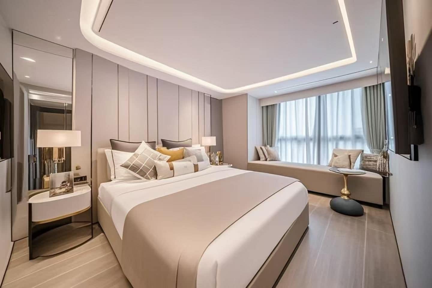 Una habitación de hotel moderna con una cama grande, mesitas de noche, un área de descanso y un ventanal amplio.