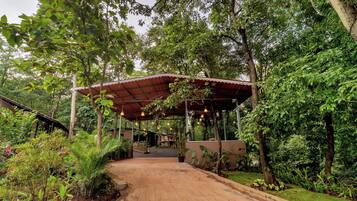 A covered walkway with hanging lights, surrounded by lush greenery and trees.