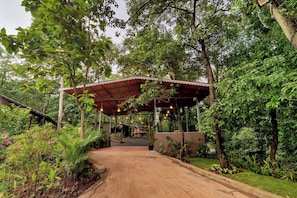 A covered walkway with hanging lights, surrounded by lush greenery and trees.