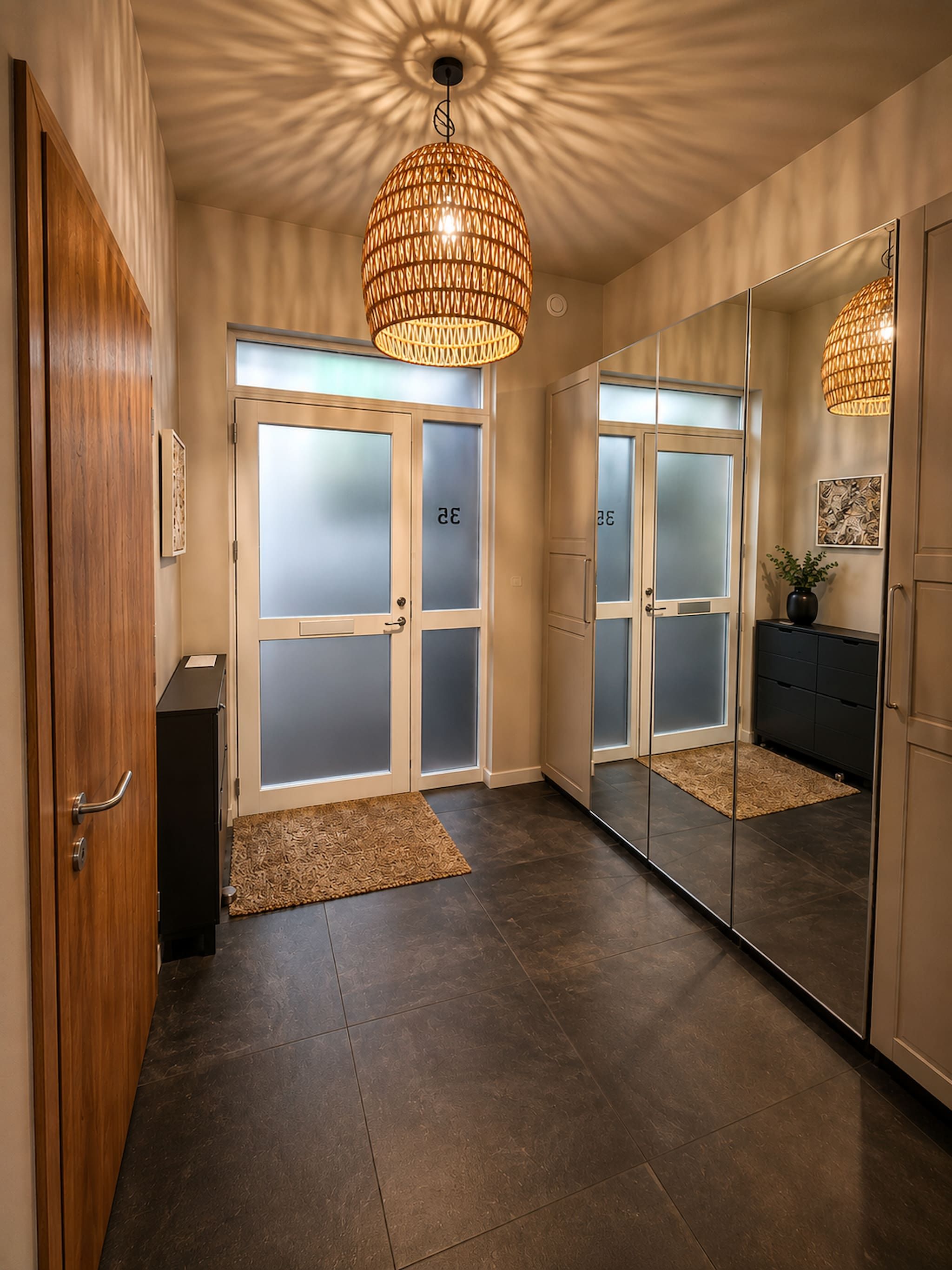 Un couloir avec une porte en bois, une armoire noire et un grand miroir qui reflète la pièce.