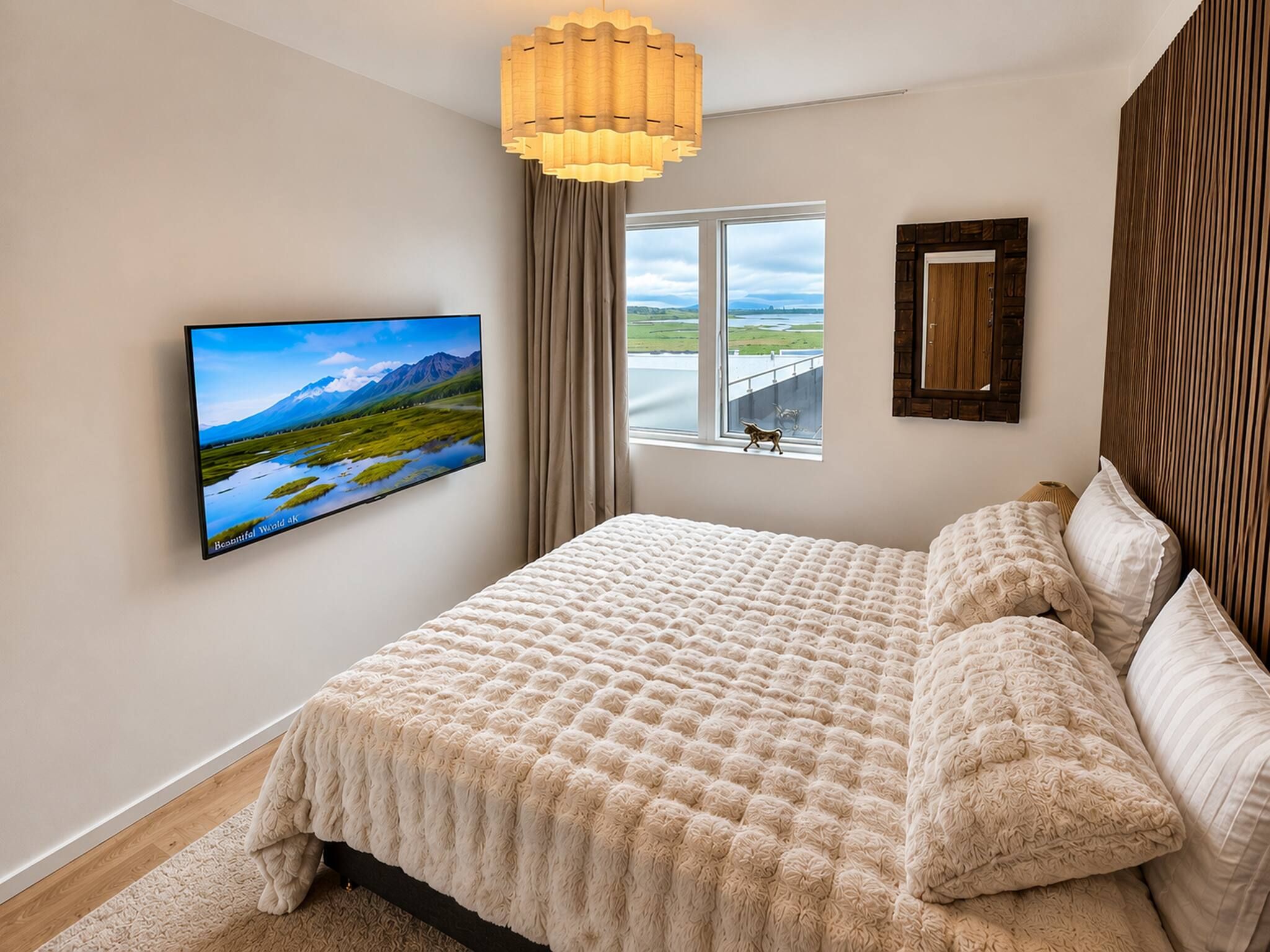 A bedroom with a large bed, a television mounted on the wall, a window with a view of a landscape, and a wooden headboard.