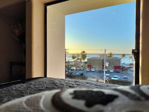 A room with a view of a parking lot and palm trees.