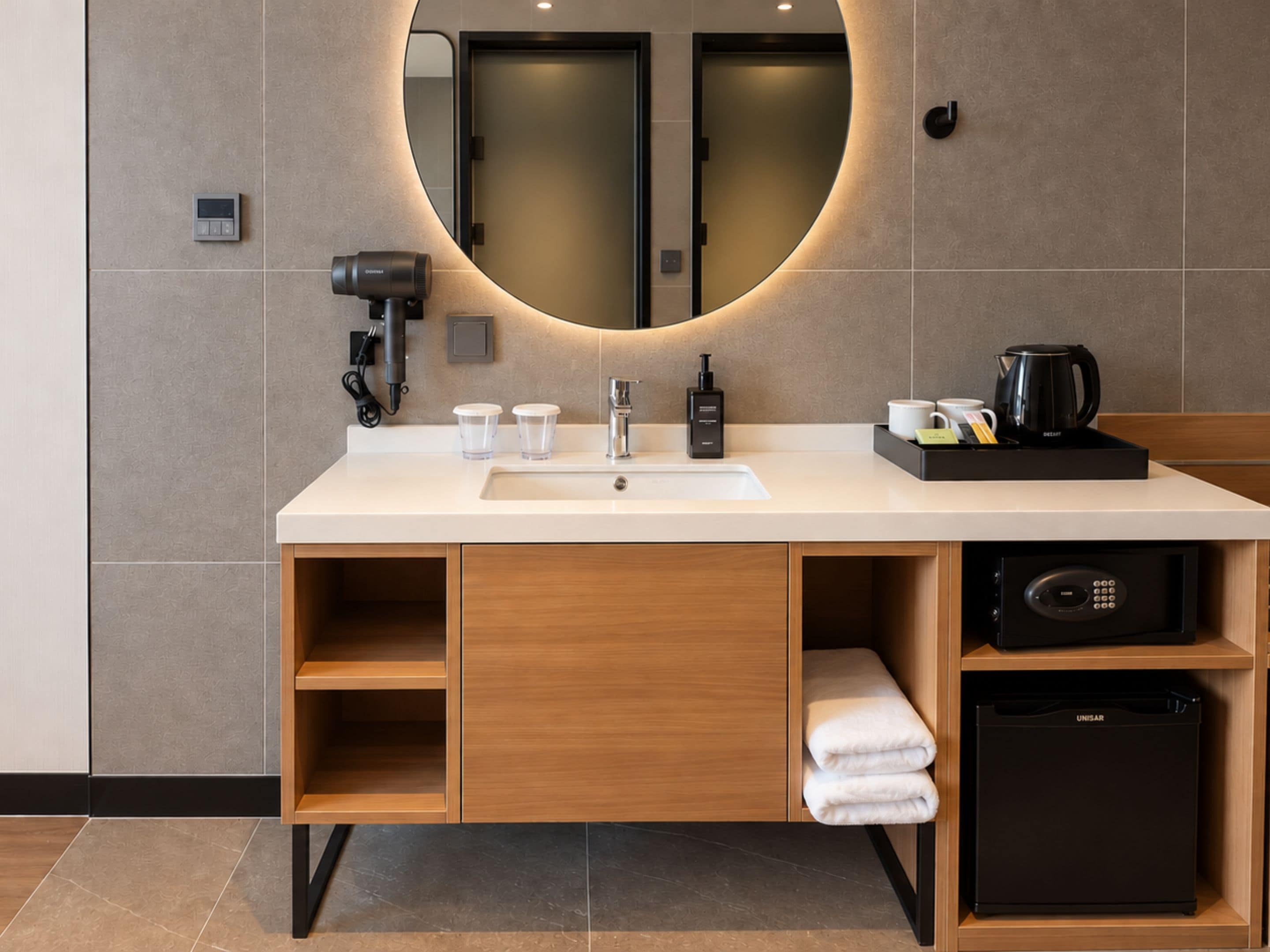 A modern bathroom with a white sink, a mirror, a hairdryer, a kettle, and a small refrigerator.
