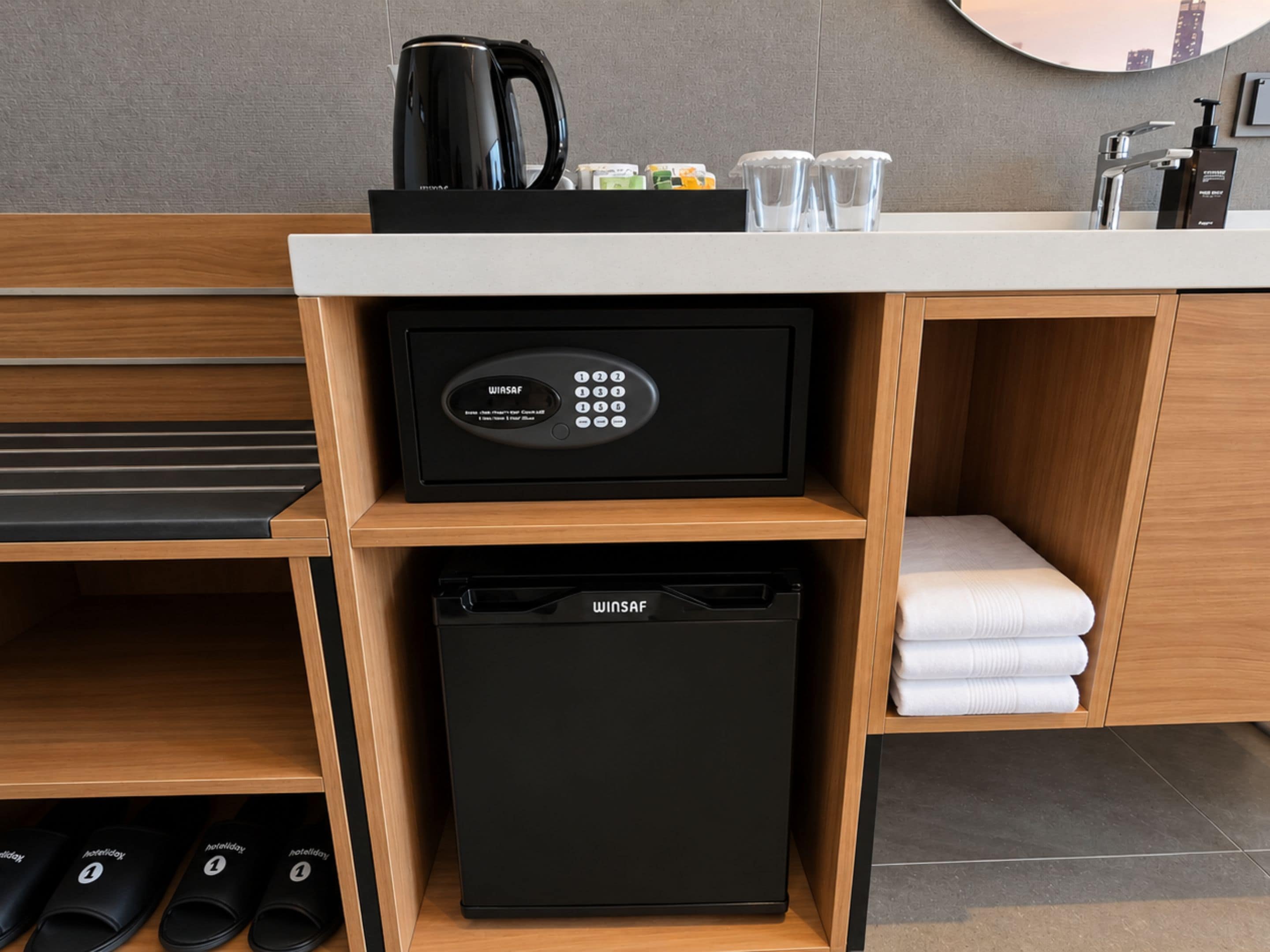 Ein Hotelzimmer mit Minibar, einer Kaffeemaschine und ordentlich gefalteten Handtüchern.