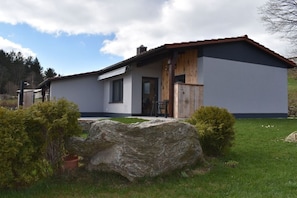 A modern two-story house with a large rock in the front yard, a wooden door, and a clear sky. - Holiday home "AlpenBlick" (Schöfweg)
