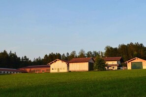 A row of wooden farm buildings with a green field in the foreground and trees in the background. - Tannenhof holiday and riding facility (Neukichen beim Heiligen Blut)