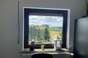A room with a window overlooking a landscape, a radiator, a small plant, and a decorative lantern. - Eifelblick (Apartment Talblick) (Weinsheim)