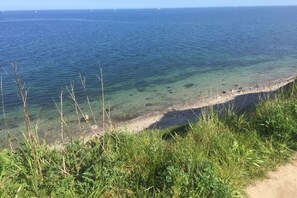 A coastal landscape with clear water, a sandy beach, and green vegetation. - Holiday home House 105 (Damp)