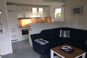 A compact living space with a kitchenette, a black sofa, and a small table with a remote control. - Holiday home House 105 (Damp)
