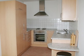 A compact kitchen with a built-in oven, a stovetop, and a sink. - Holiday apartment with 2 bedrooms (Ofterschwang)