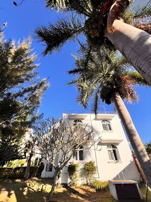 A white building with multiple windows and a balcony, surrounded by various trees including palm trees. - Bazaar Square Lodges - Ylang-Ylang (Upper Floor) (Grand Baie)