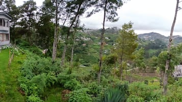 Zona residencial con vista a un valle, rodeada de vegetación y algunos edificios.