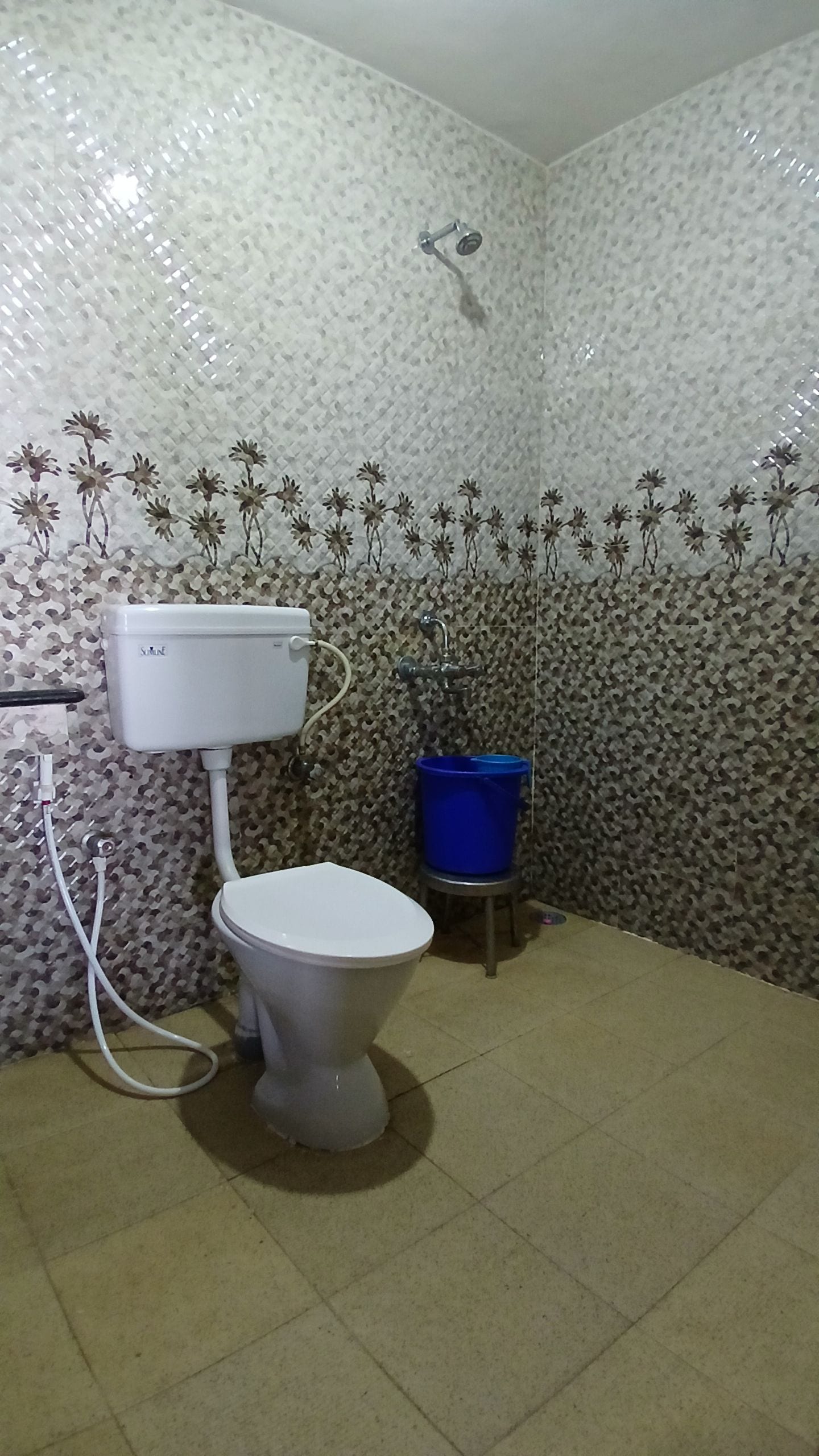A bathroom with a toilet, a blue basin, and a shower.