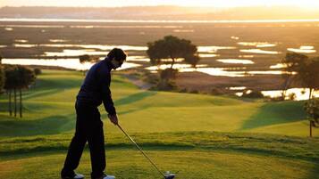 Een persoon speelt golf op een golfbaan, met een waterpartij op de achtergrond.