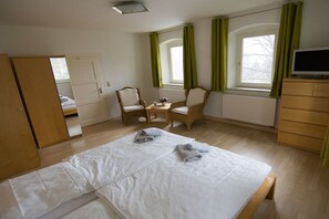 A hotel room with a bed, two chairs, a small table, a TV, and a window with curtains. - Holiday home with 2 bedrooms (Bischofsgrün)