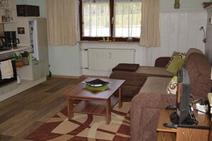 Ein kompakter Wohnbereich mit Küchenzeile, einer Couch, einem Couchtisch und einem Fernseher.