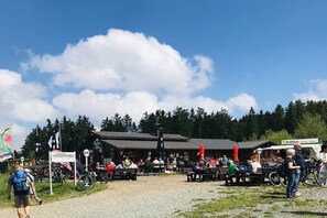 Een terras met tafels en banken, omgeven door bomen en een gebouw met een schuin dak.
