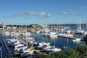 A marina with numerous boats docked, surrounded by buildings and a clear sky. - Penthouse Swallow's Nest (Damp)