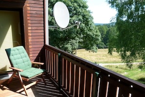 Um deck de madeira com uma cadeira estofada verde, uma antena parabólica e vista para uma área arborizada.
