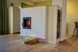 Ein modernes Interieur mit Kamin, Holzboden und minimalistischem Design.