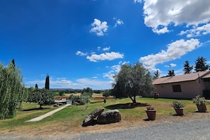 A rural landscape with a clear sky, a pathway, a building with a tiled roof, and a few trees. - Apartment Roggiano Tuscan countryside with pool (Scansano)