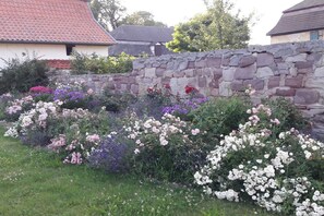 Een stenen muur met een tuin vol verschillende bloemen.