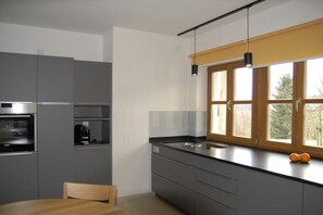 A modern kitchen with grey cabinets, a black countertop, and a window with wooden frames. - Holiday apartment with 1 bedroom (Breitenberg)