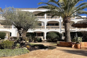A courtyard with a palm tree, a large olive tree, and a building with multiple balconies. - Holiday apartment with 1 bedroom (Cala  Santanyi)