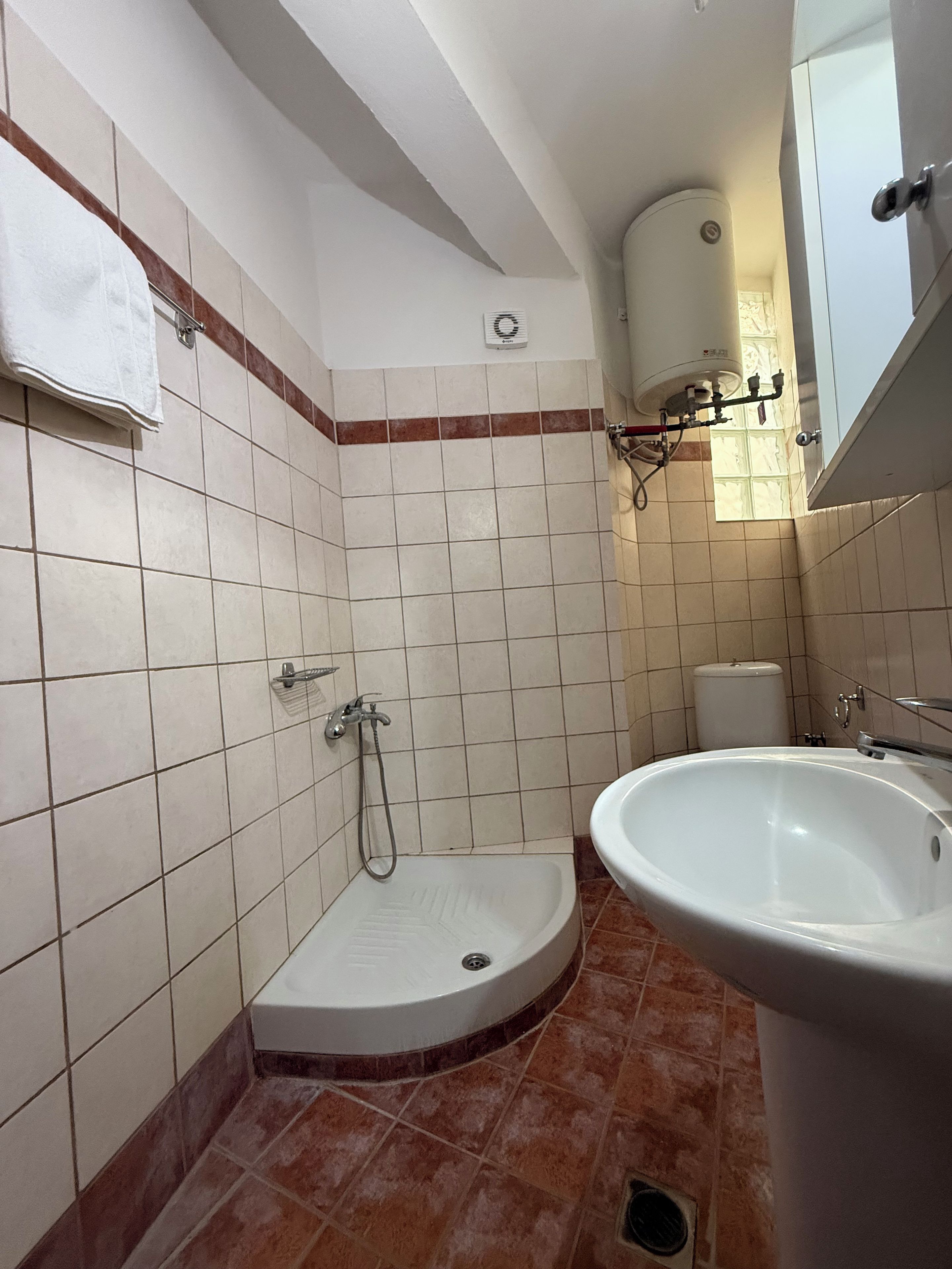A bathroom with a shower, a sink, and a toilet.