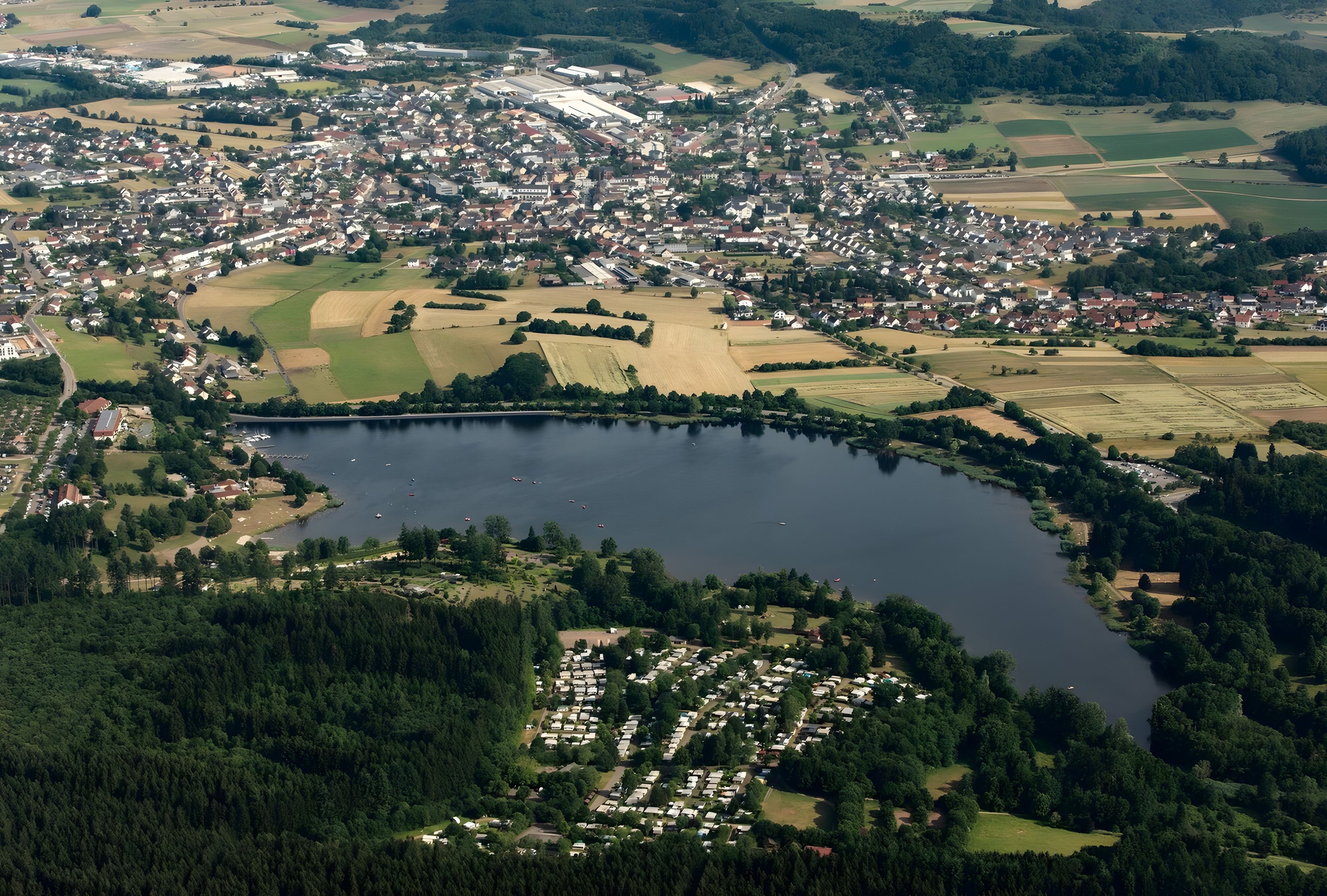 An aerial view of a lakeside town with residential areas, a marina, and a dense forest.
