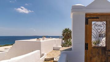 A coastal building with a white facade, a wooden door with a metal gate, and a view of the sea.