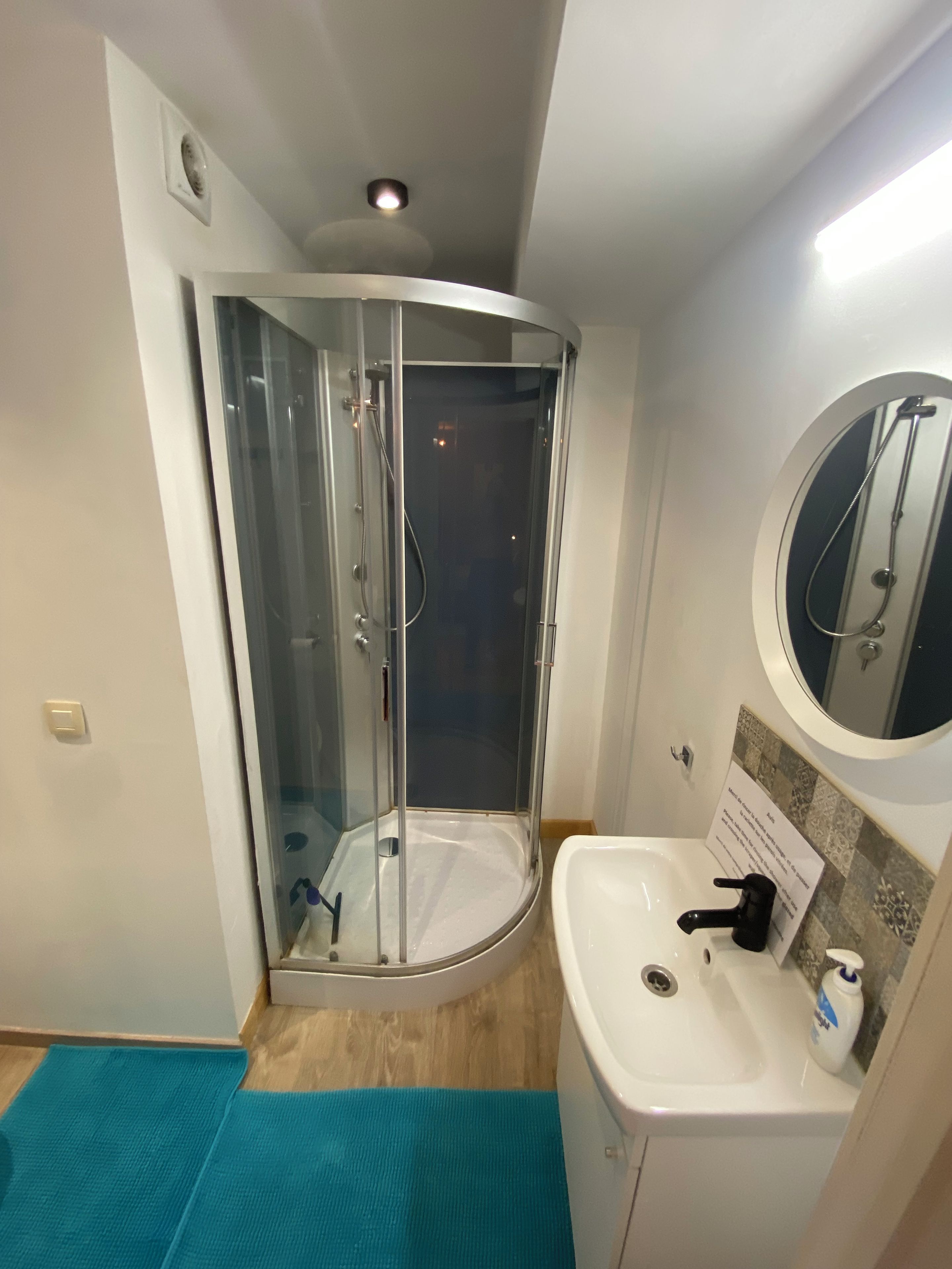 A bathroom with a glass-enclosed shower, a white sink, and a mirror.