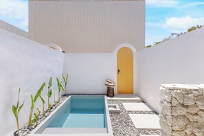 Un petit espace piscine agrémenté d’un mur en pierre, d’une porte en bois et de plantes.