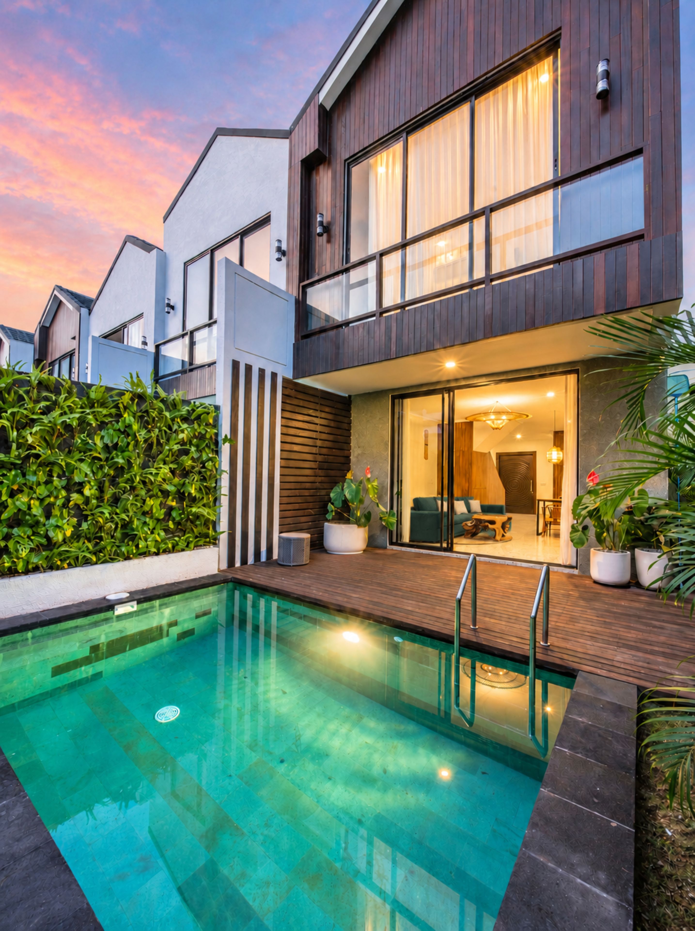 Una casa moderna con piscina, amplios ventanales y un jardín bien cuidado.